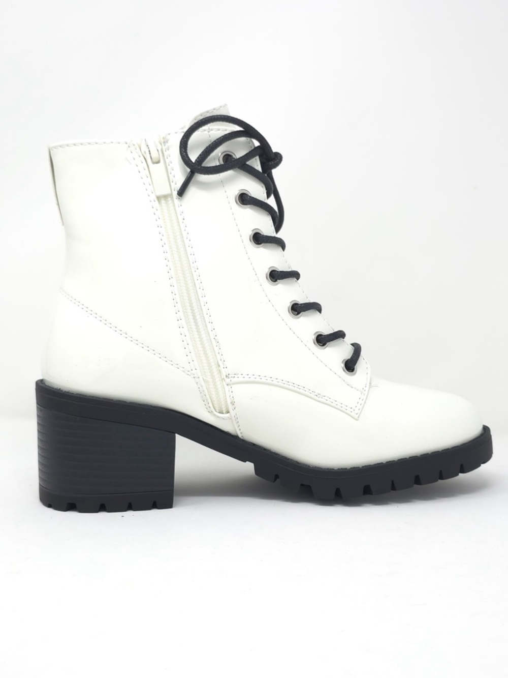 Combat Boots Chunky Heel Lace Up Side Zipper Faux Leather White Pat Ankle Boot - Picture 4 of 12